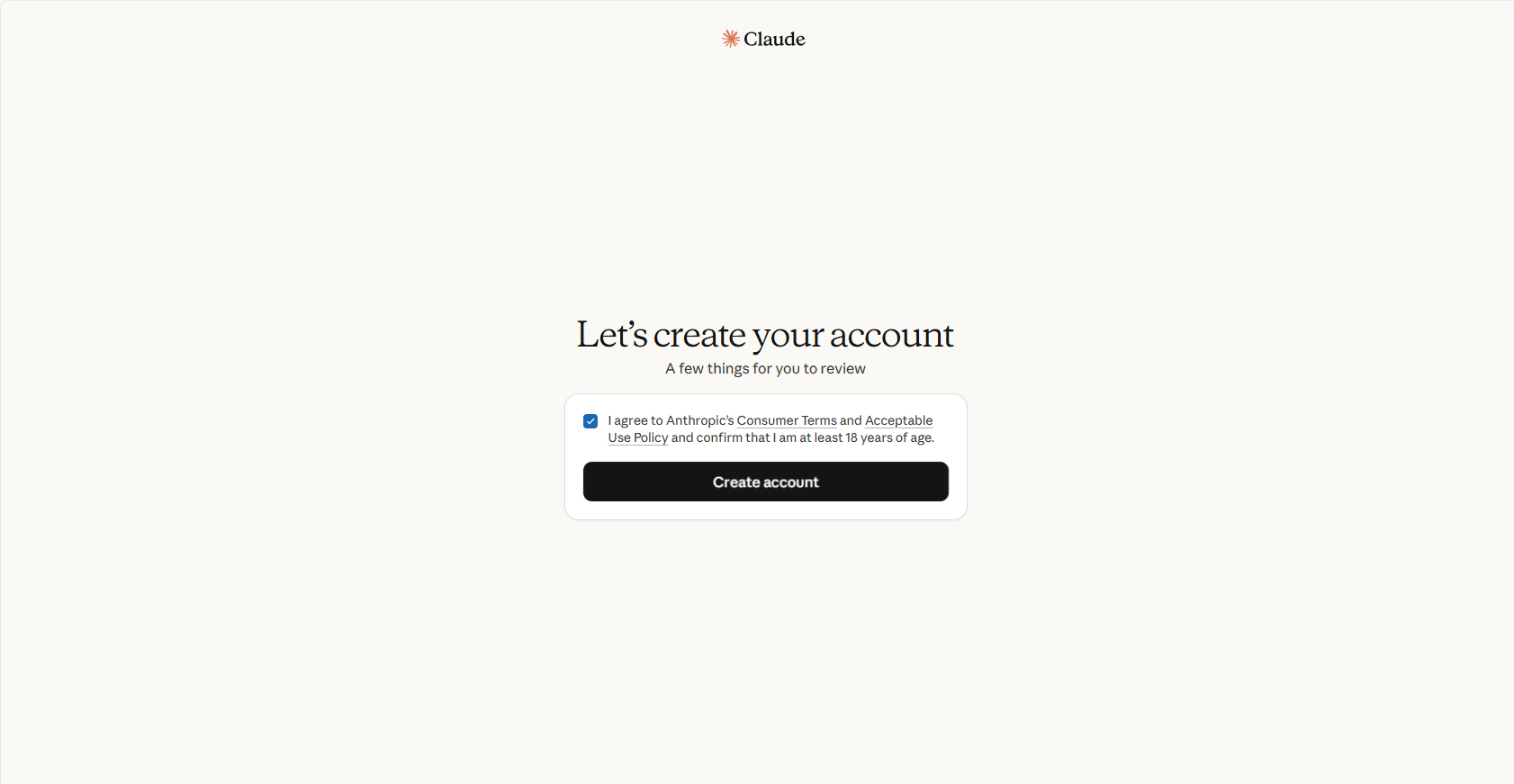 Terms checkbox screen